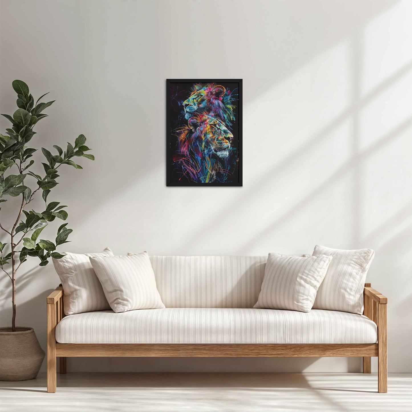 Living Room Cabinet Table Preview of Twin Lions in Multicolor Abstract – Symbol of Strength & Pride in Black Color Frame