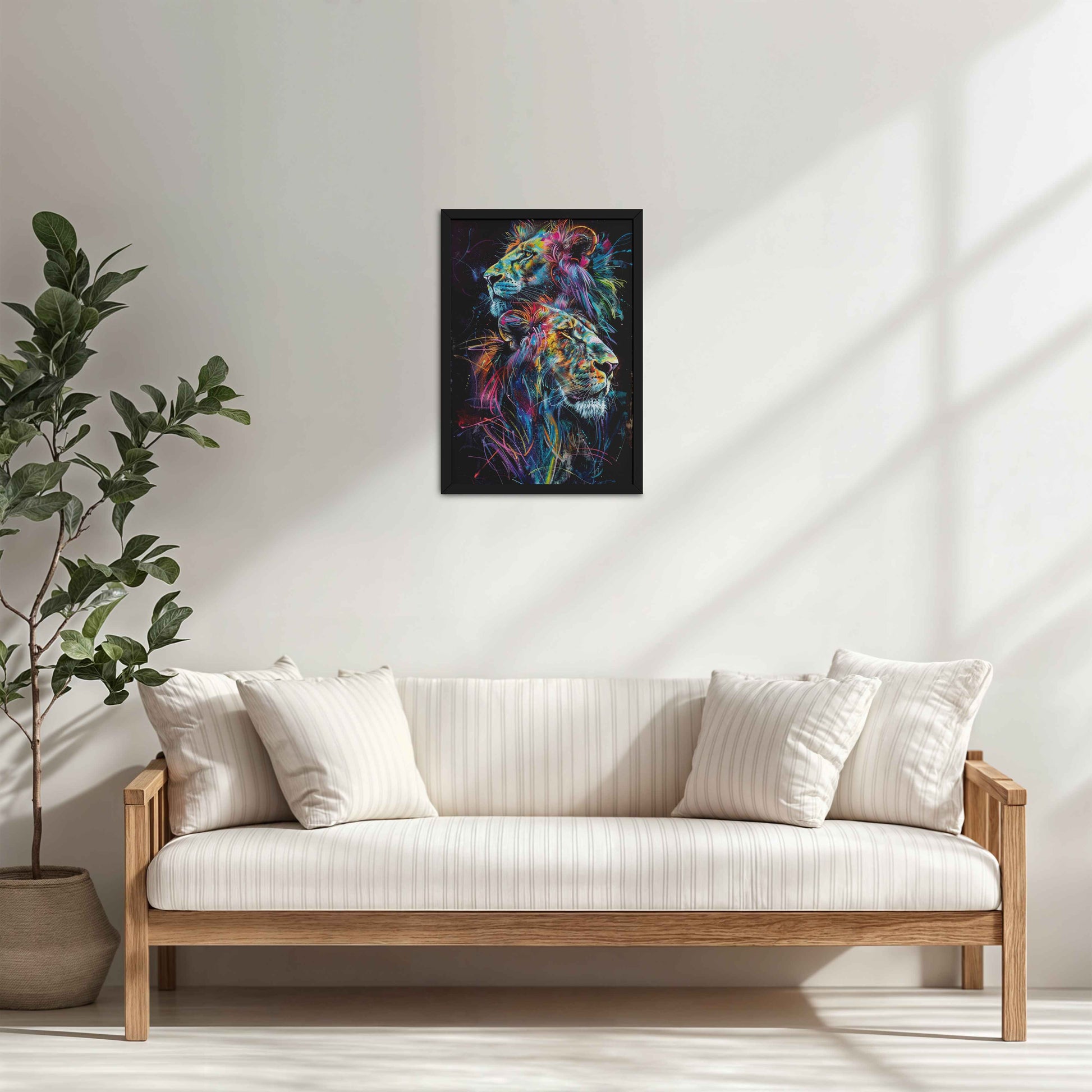 Living Room Cabinet Table Preview of Twin Lions in Multicolor Abstract – Symbol of Strength & Pride in Black Color Frame