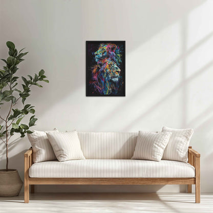 Living Room Cabinet Table Preview of Twin Lions in Multicolor Abstract – Symbol of Strength & Pride in Black Color Frame