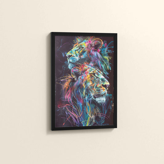 Side View of Twin Lions in Multicolor Abstract – Symbol of Strength & Pride in Black Color Frame