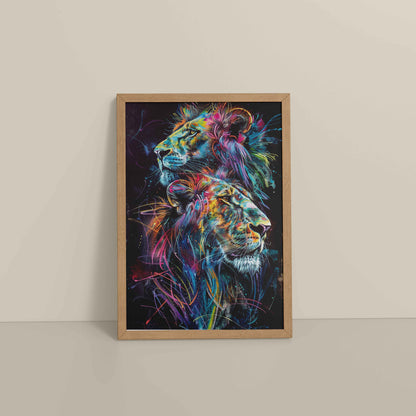 Floor View of Twin Lions in Multicolor Abstract – Symbol of Strength & Pride in Natrual Color Frame