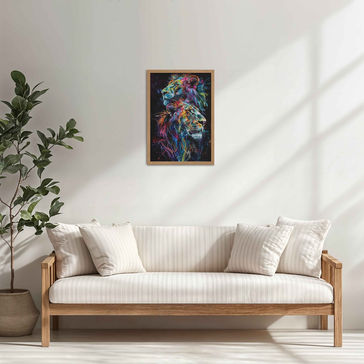 Living Room Cabinet Table Preview of Twin Lions in Multicolor Abstract – Symbol of Strength & Pride in Natrual Color Frame