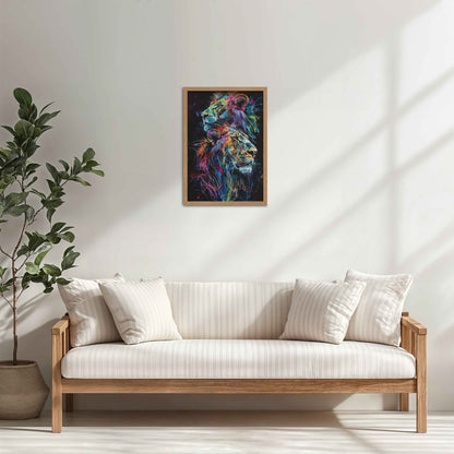 Living Room Cabinet Table Preview of Twin Lions in Multicolor Abstract – Symbol of Strength & Pride in Natrual Color Frame