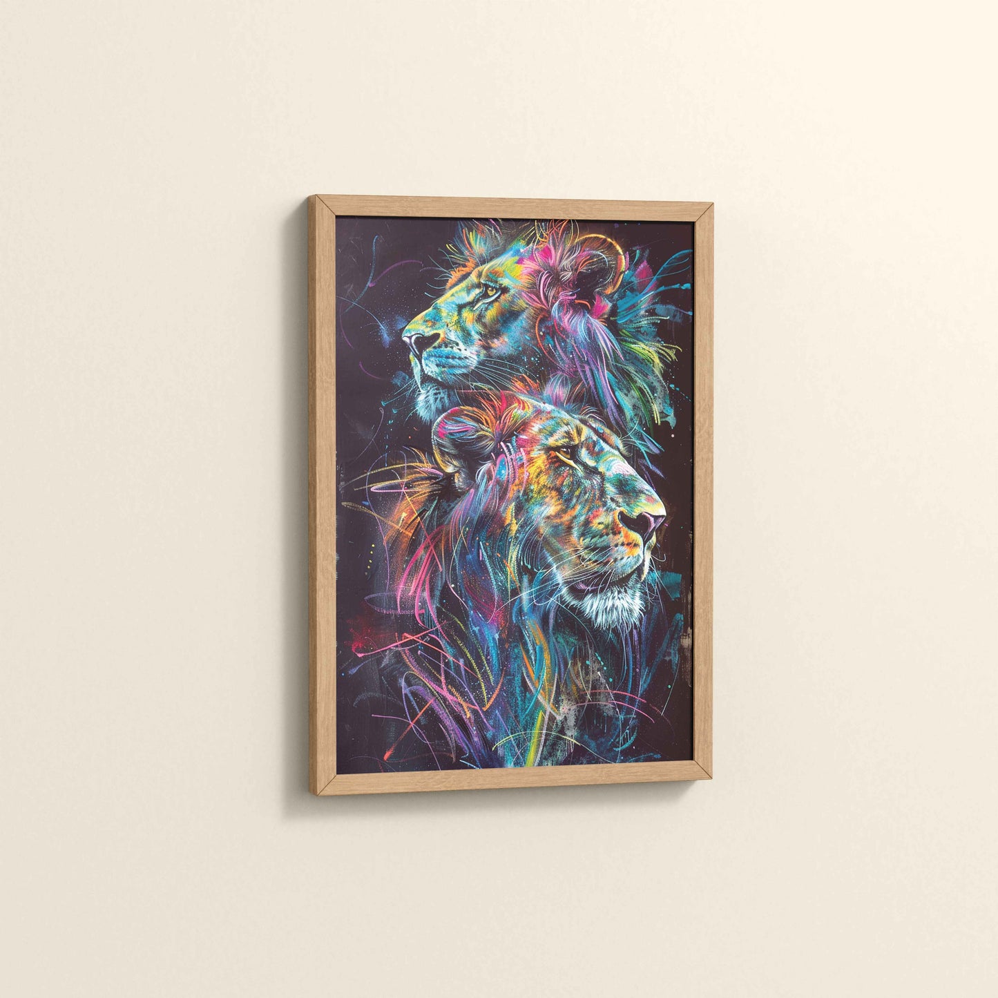 Side View of Twin Lions in Multicolor Abstract – Symbol of Strength & Pride in Natrual Color Frame