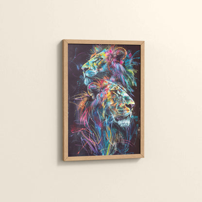 Side View of Twin Lions in Multicolor Abstract – Symbol of Strength & Pride in Natrual Color Frame
