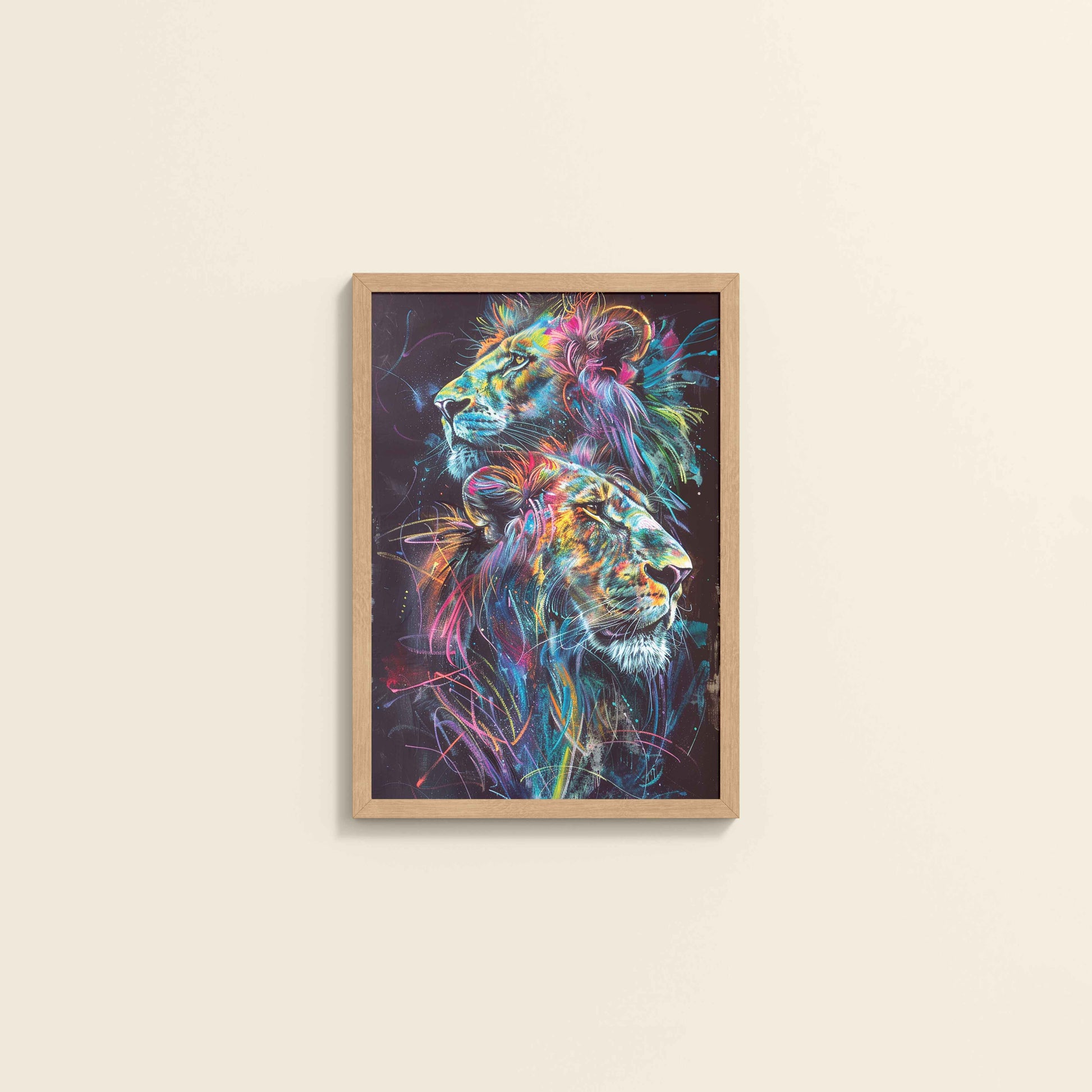 Wall View of Twin Lions in Multicolor Abstract – Symbol of Strength & Pride in Natrual Color Frame