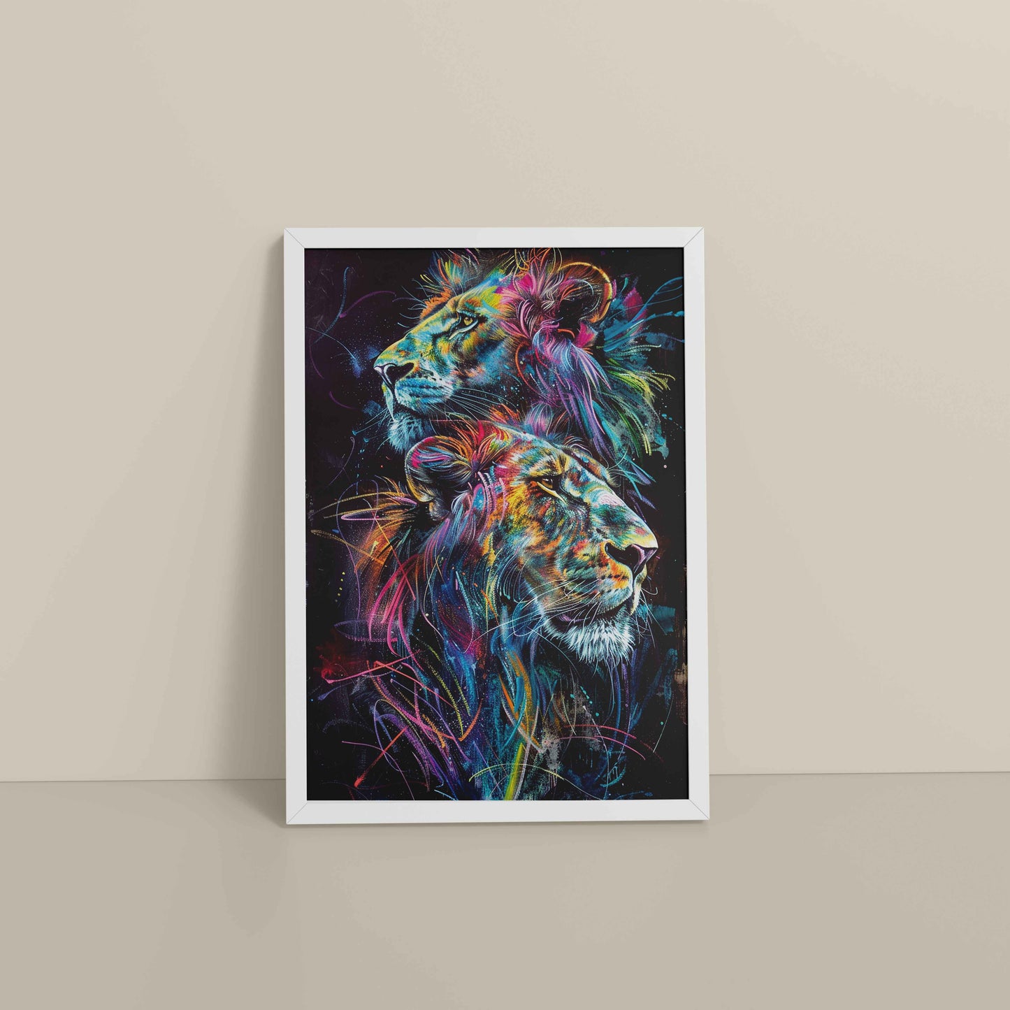 Floor View of Twin Lions in Multicolor Abstract – Symbol of Strength & Pride in White Color Frame