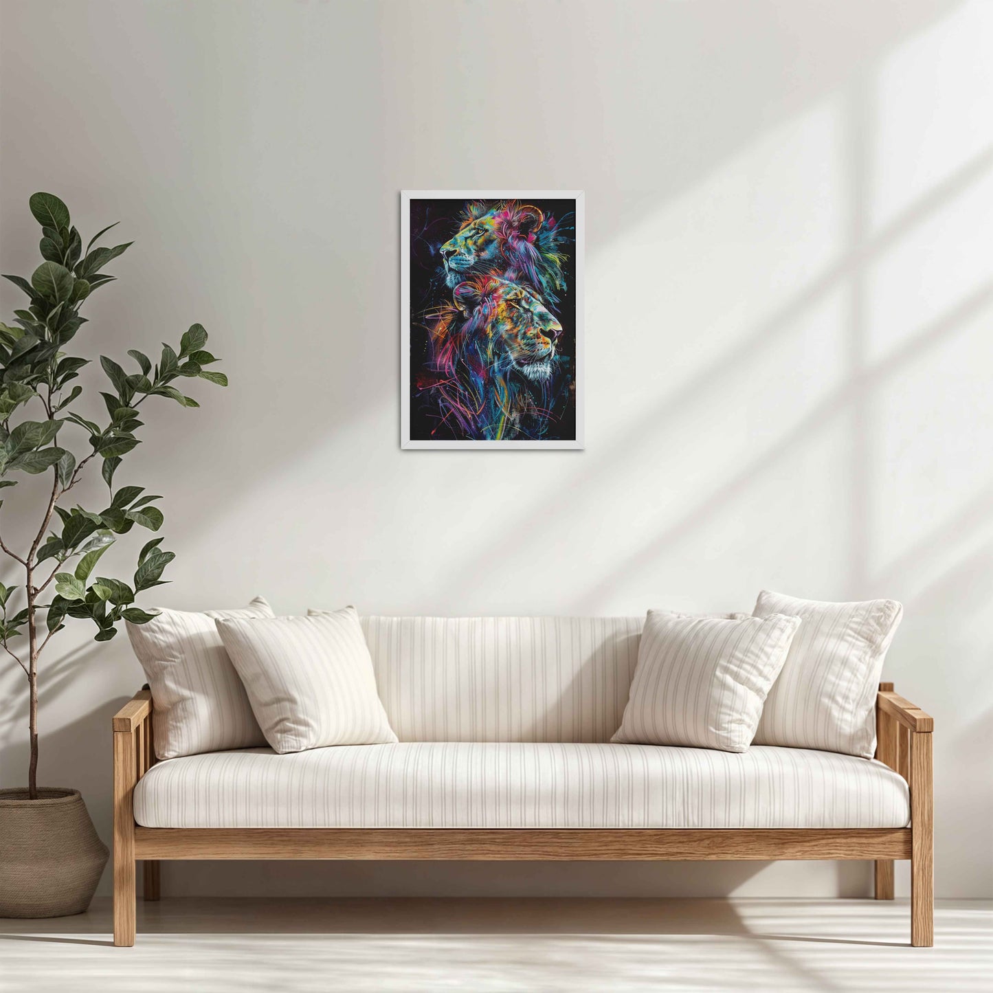 Living Room Cabinet Table Preview of Twin Lions in Multicolor Abstract – Symbol of Strength & Pride in White Color Frame