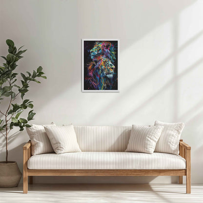 Living Room Cabinet Table Preview of Twin Lions in Multicolor Abstract – Symbol of Strength & Pride in White Color Frame