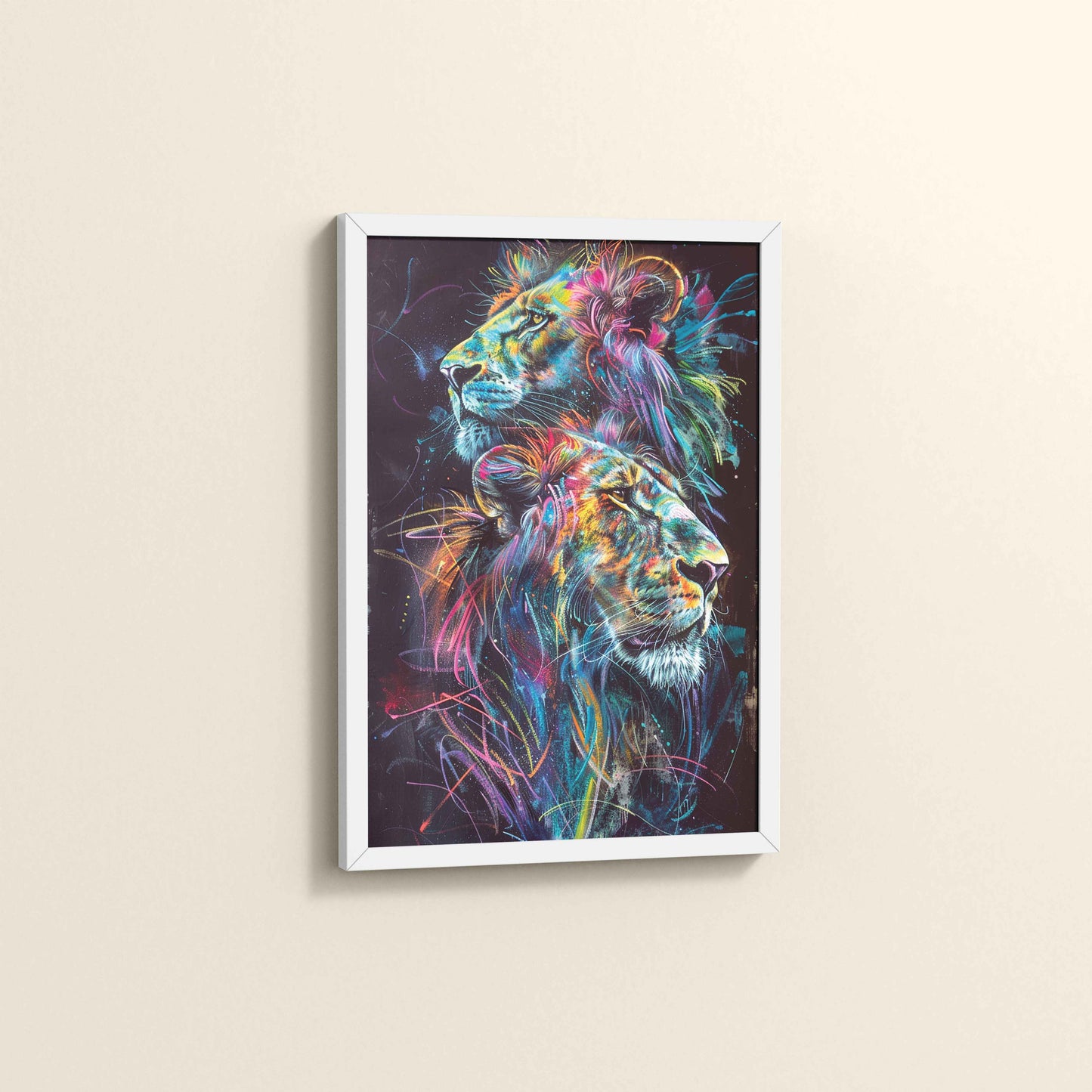 Side View of Twin Lions in Multicolor Abstract – Symbol of Strength & Pride in White Color Frame