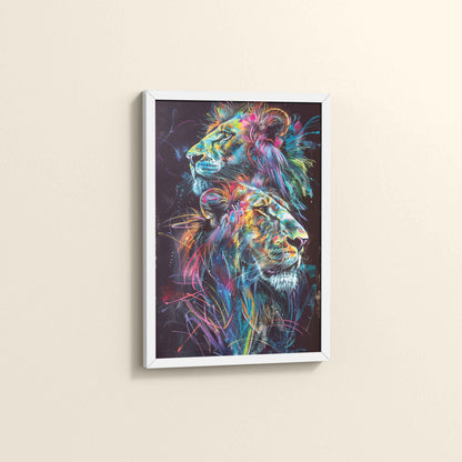 Side View of Twin Lions in Multicolor Abstract – Symbol of Strength & Pride in White Color Frame