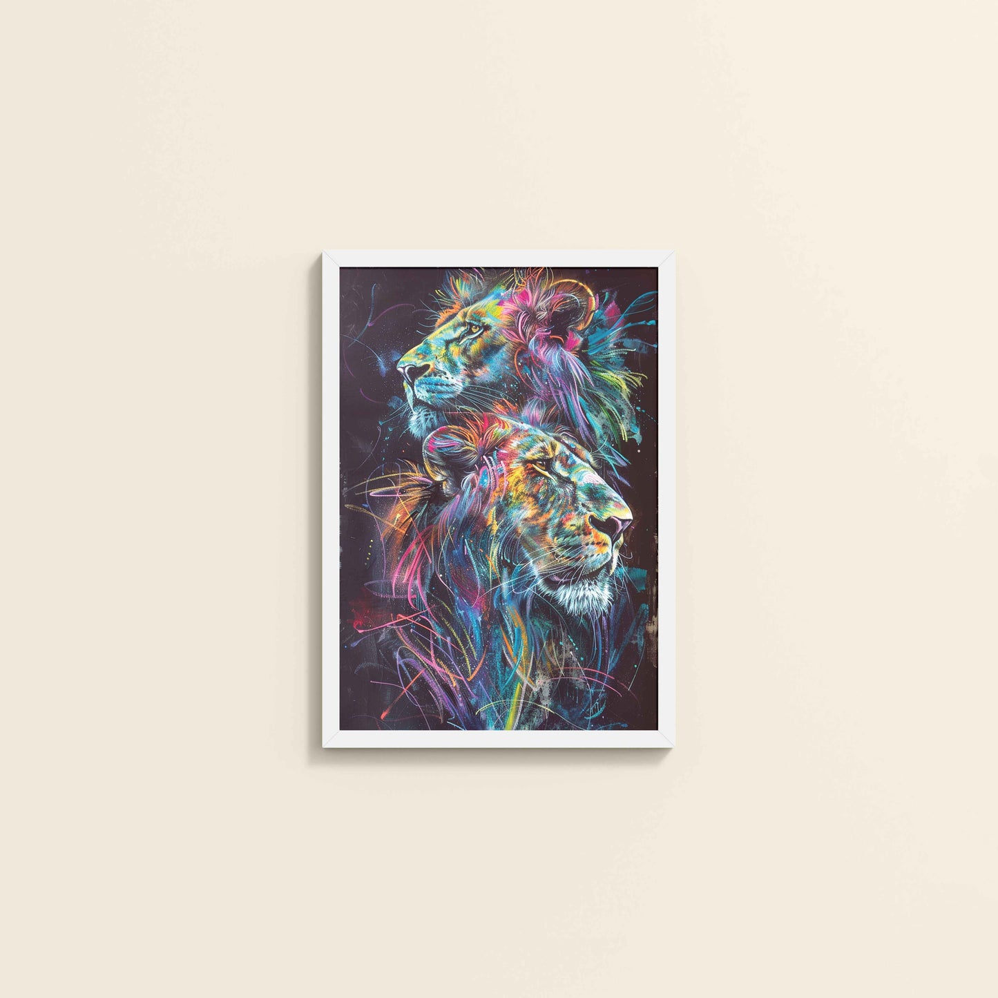 Wall View of Twin Lions in Multicolor Abstract – Symbol of Strength & Pride in White Color Frame