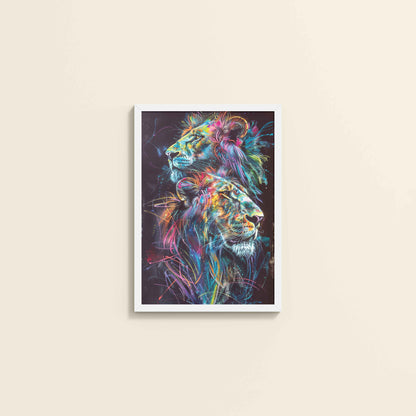 Wall View of Twin Lions in Multicolor Abstract – Symbol of Strength & Pride in White Color Frame