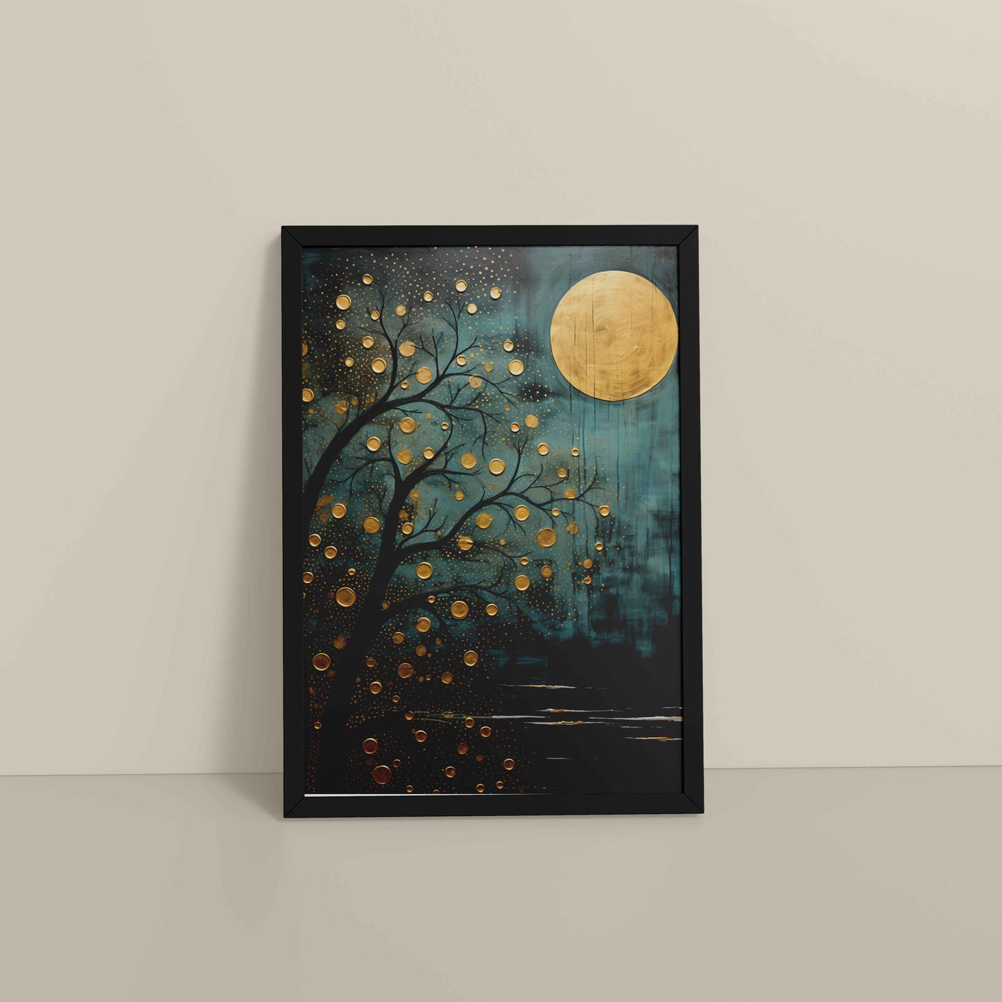 Floor View of Full Moon & Tree – Abstract Wall Art Painting in Black Color Frame