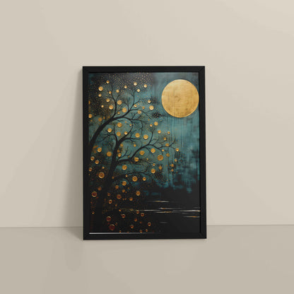 Floor View of Full Moon & Tree – Abstract Wall Art Painting in Black Color Frame