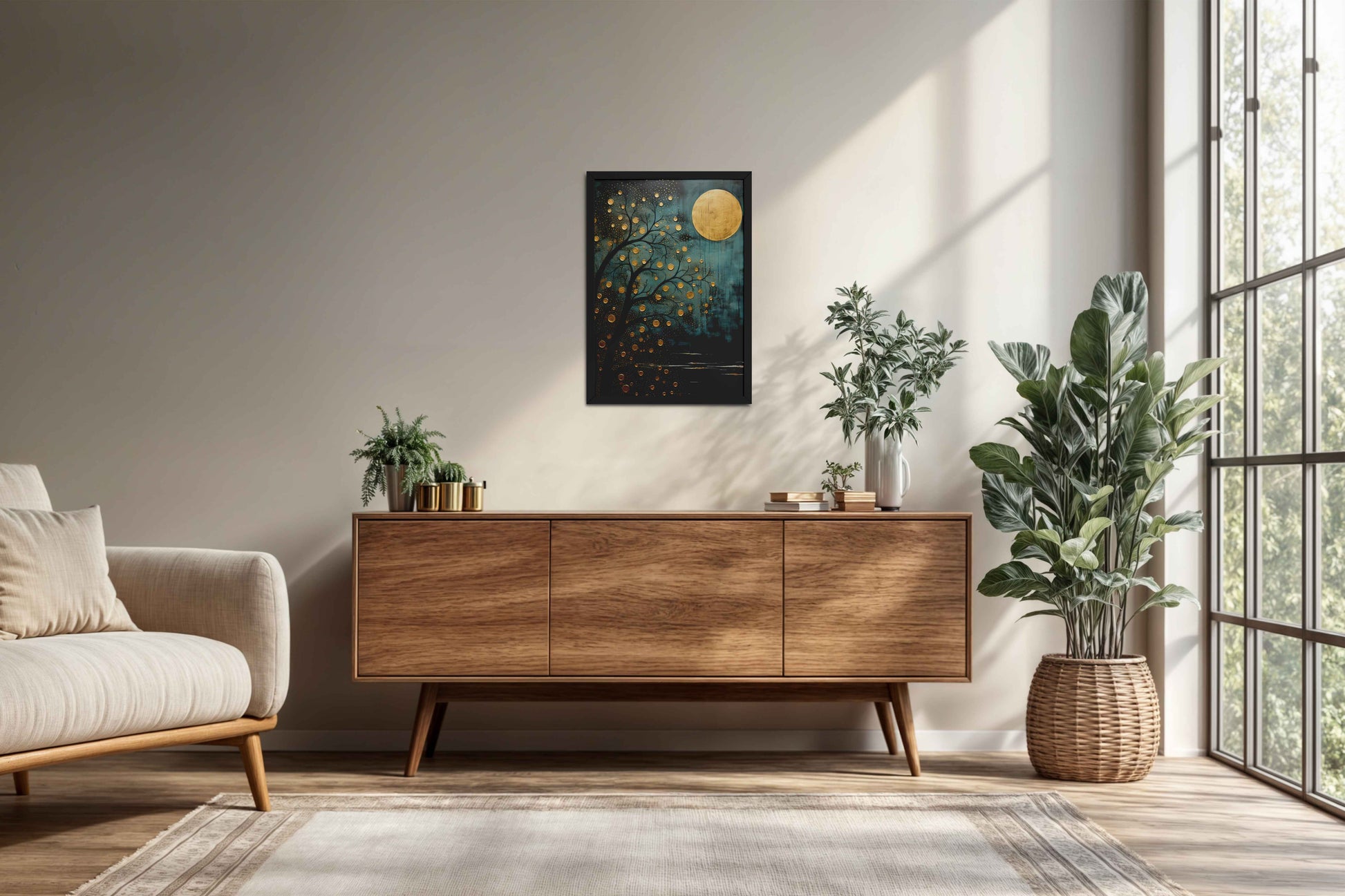 Living Room Cabinet Preview of Full Moon & Tree – Abstract Wall Art Painting in Black Color Frame