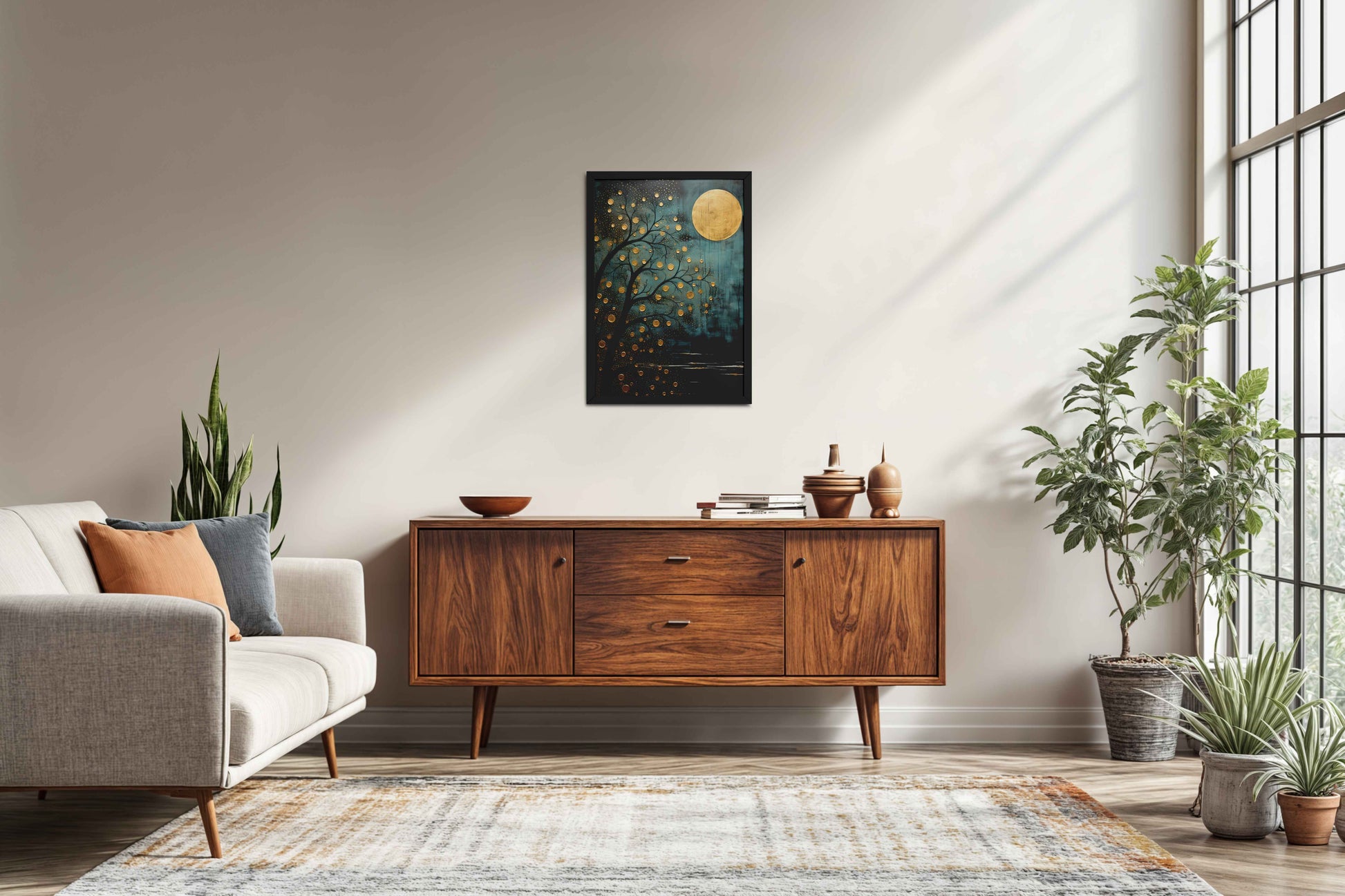 Living Room Sofa Preview of Full Moon & Tree – Abstract Wall Art Painting in Black Color Frame