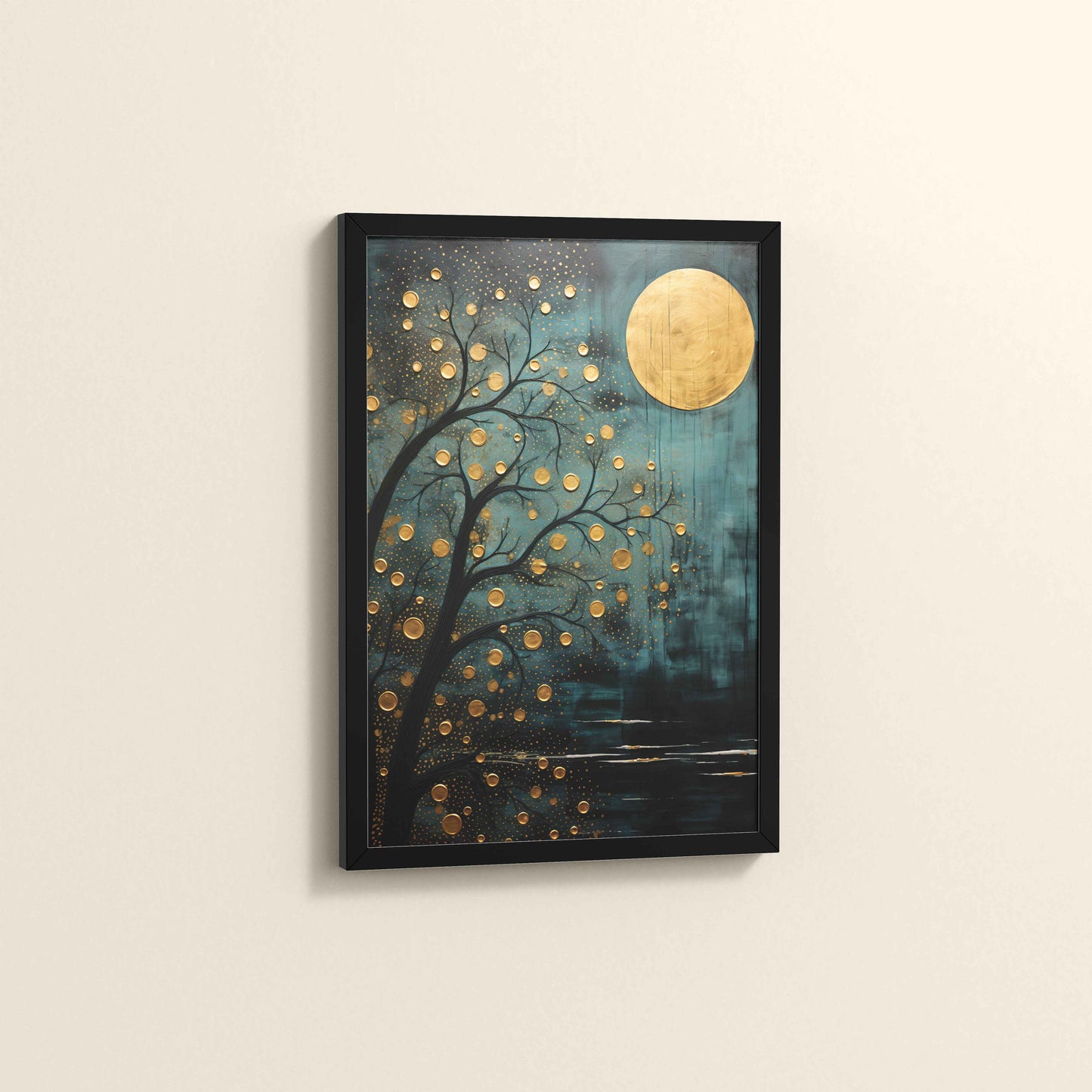 Side View of Full Moon & Tree – Abstract Wall Art Painting in Black Color Frame