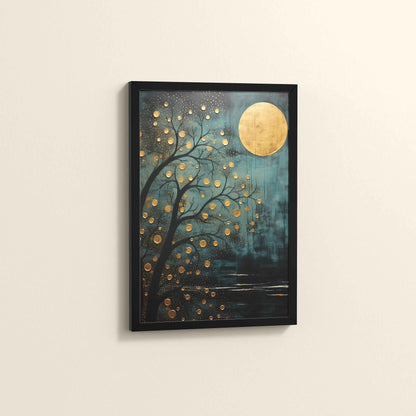 Side View of Full Moon & Tree – Abstract Wall Art Painting in Black Color Frame