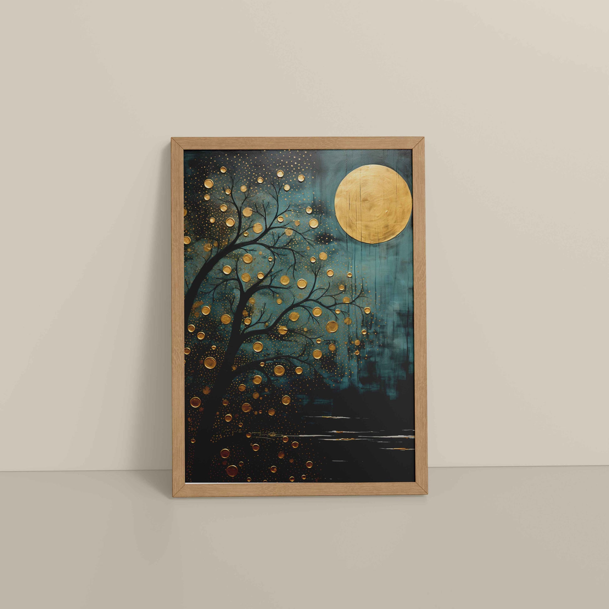 Floor View of Full Moon & Tree – Abstract Wall Art Painting in Natrual Color Frame