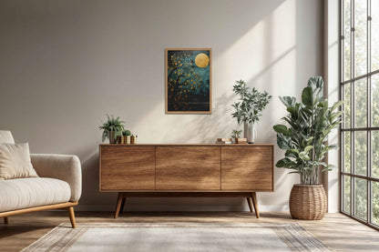 Living Room Cabinet Preview of Full Moon & Tree – Abstract Wall Art Painting in Natrual Color Frame