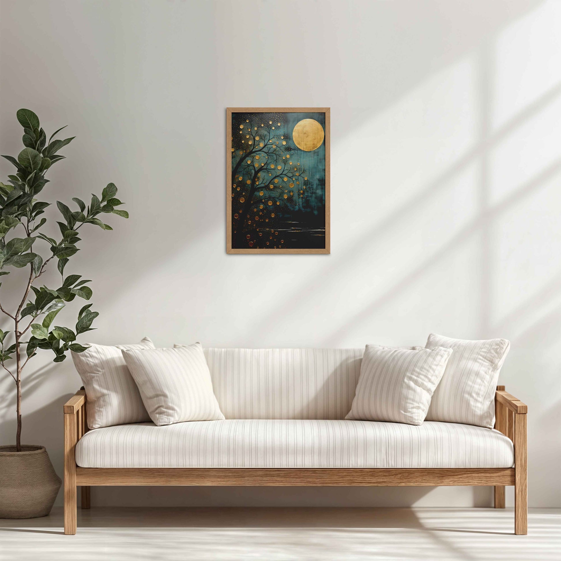 Living Room Cabinet Table Preview of Full Moon & Tree – Abstract Wall Art Painting in Natrual Color Frame