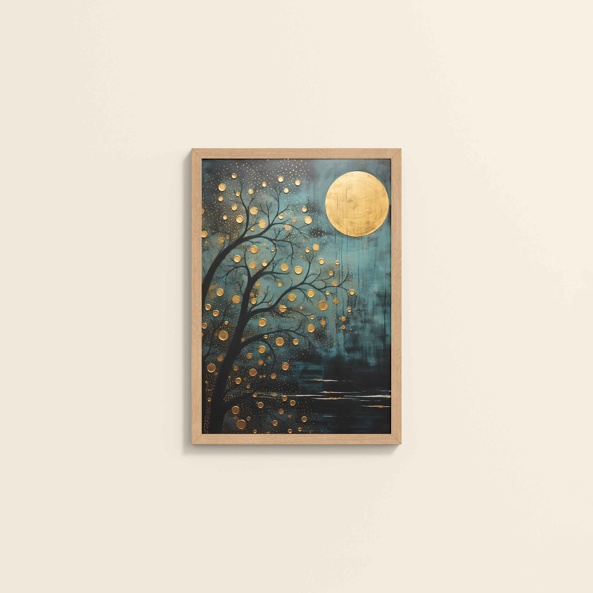 Wall View of Full Moon & Tree – Abstract Wall Art Painting in Natrual Color Frame