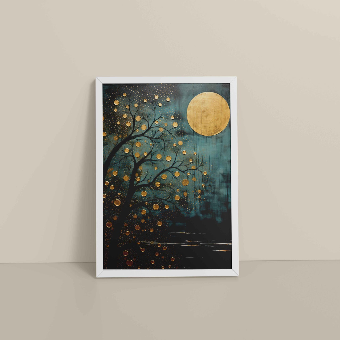 Floor View of Full Moon & Tree – Abstract Wall Art Painting in White Color Frame