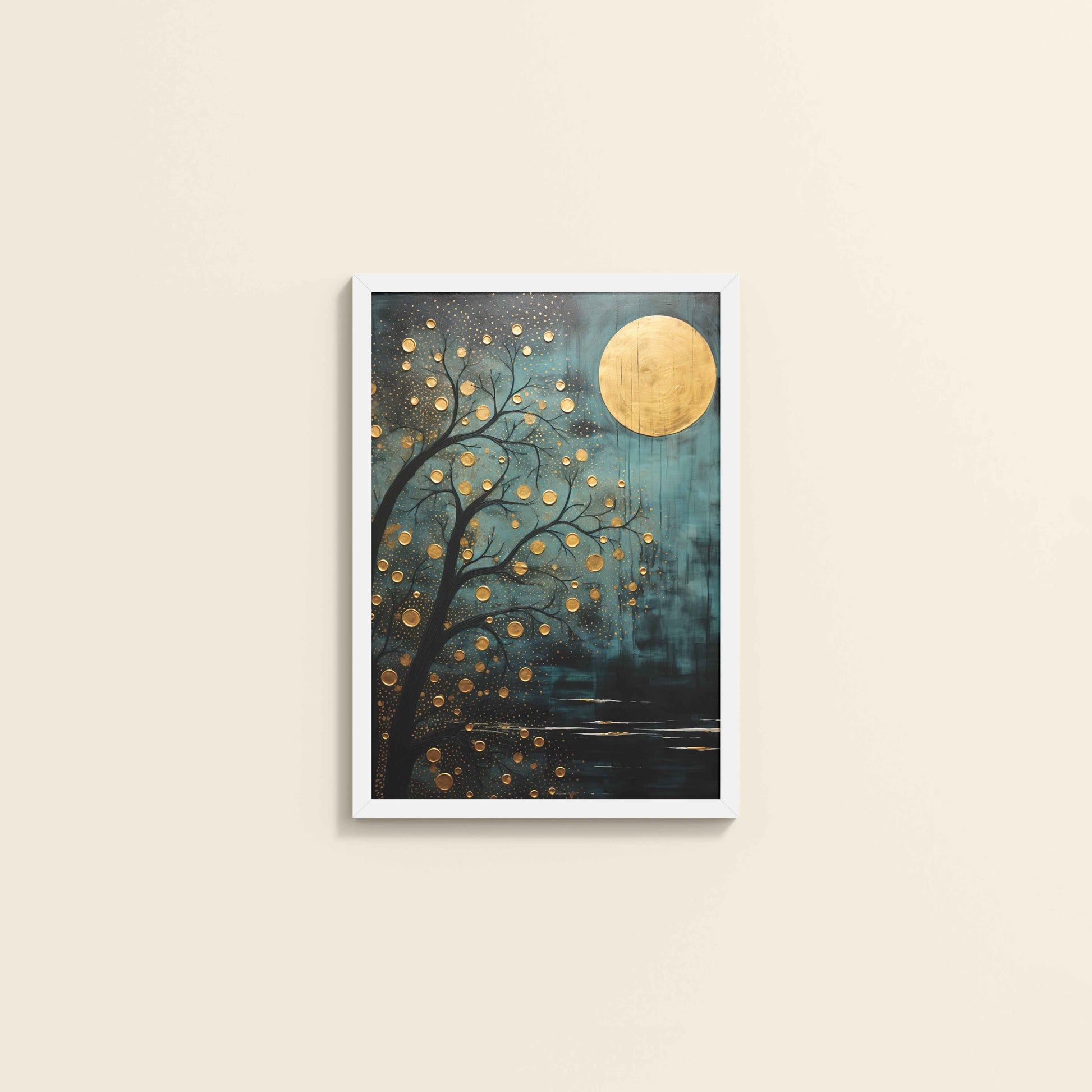 Wall View of Full Moon & Tree – Abstract Wall Art Painting in White Color Frame
