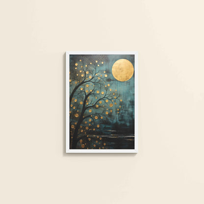 Wall View of Full Moon & Tree – Abstract Wall Art Painting in White Color Frame
