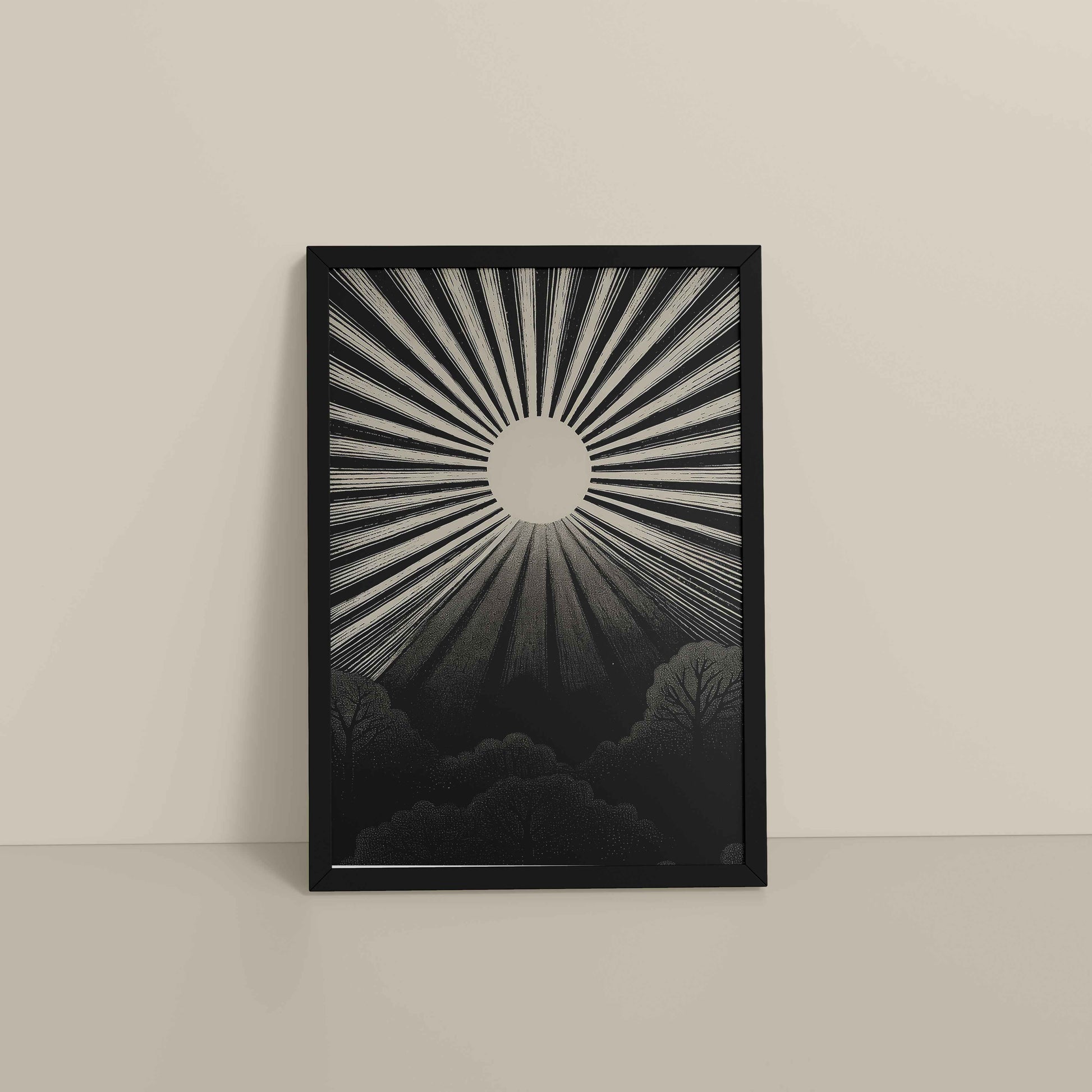 Floor View of Nature's Glow – Sunset & Trees Abstract Art Painting in Black Color Frame