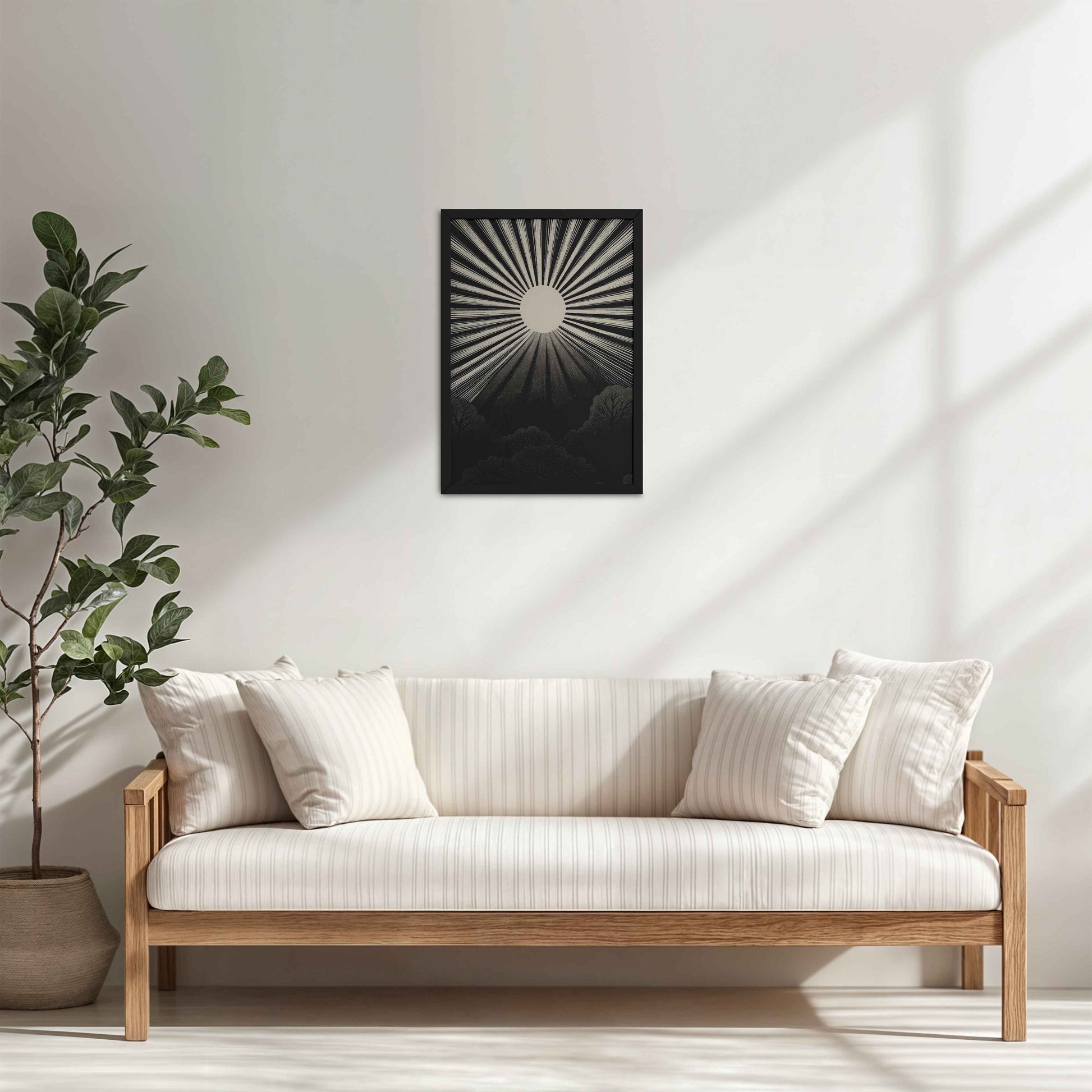Living Room Cabinet Table Preview of Nature's Glow – Sunset & Trees Abstract Art Painting in Black Color Frame