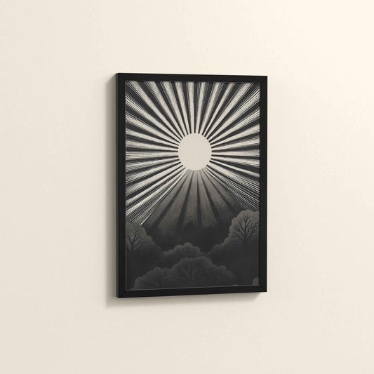 Side View of Nature's Glow – Sunset & Trees Abstract Art Painting in Black Color Frame