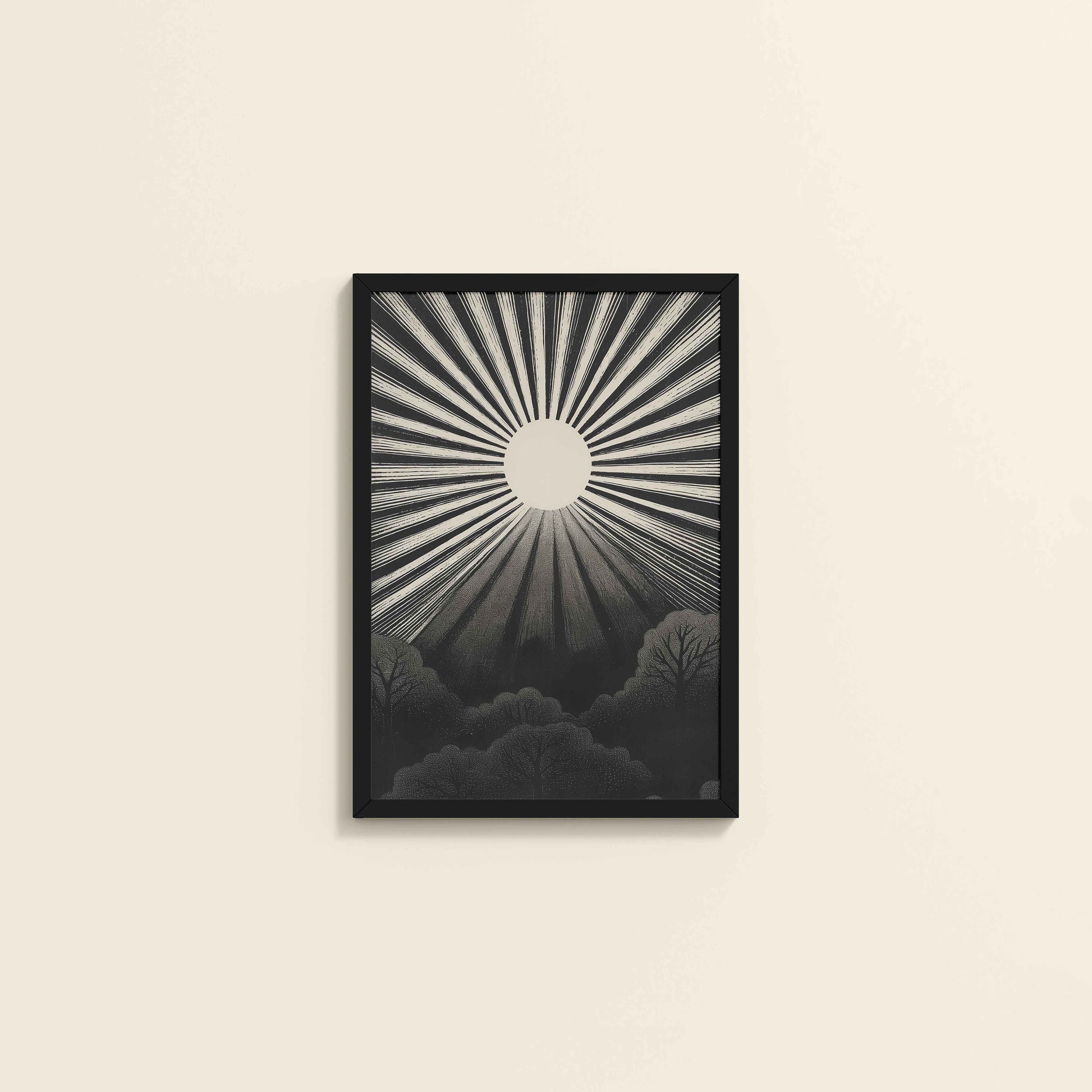 Wall View of Nature's Glow – Sunset & Trees Abstract Art Painting in Black Color Frame