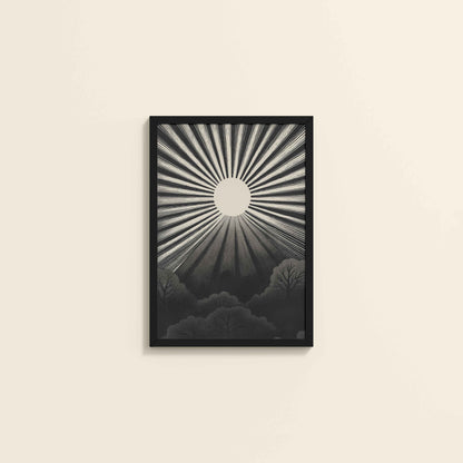 Wall View of Nature's Glow – Sunset & Trees Abstract Art Painting in Black Color Frame
