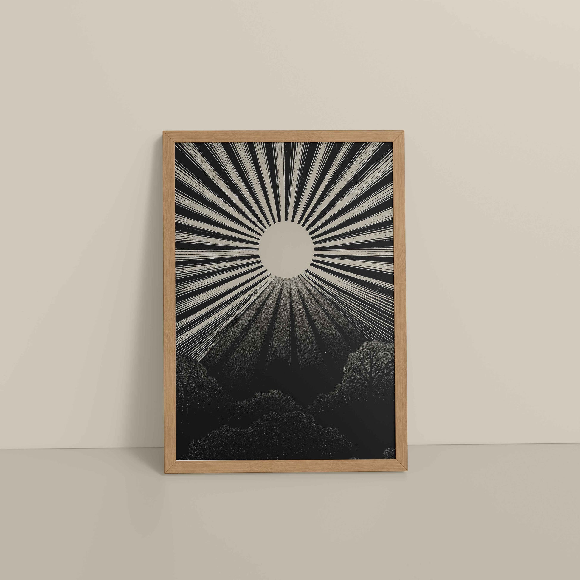 Floor View of Nature's Glow – Sunset & Trees Abstract Art Painting in Natrual Color Frame