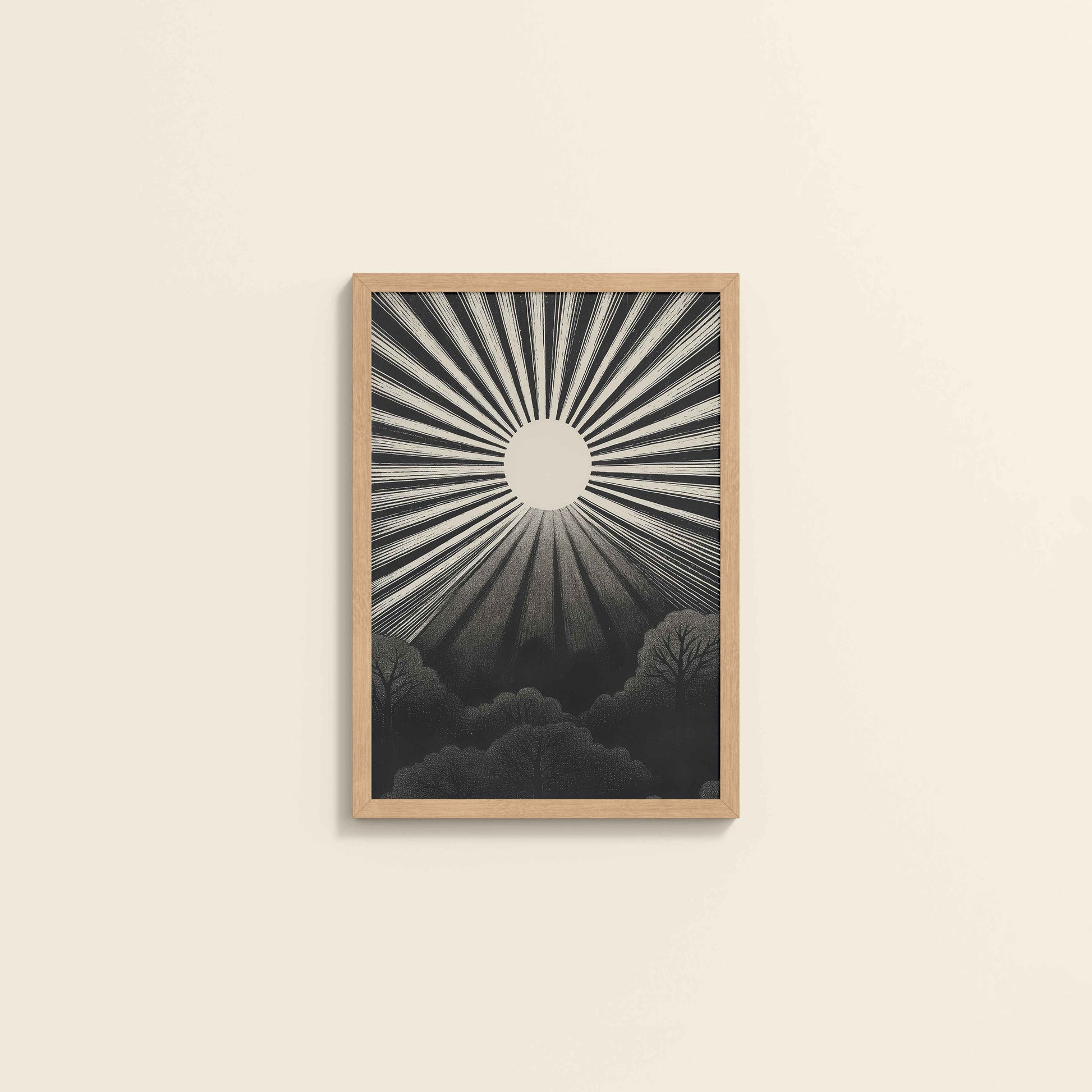 Wall View of Nature's Glow – Sunset & Trees Abstract Art Painting in Natrual Color Frame