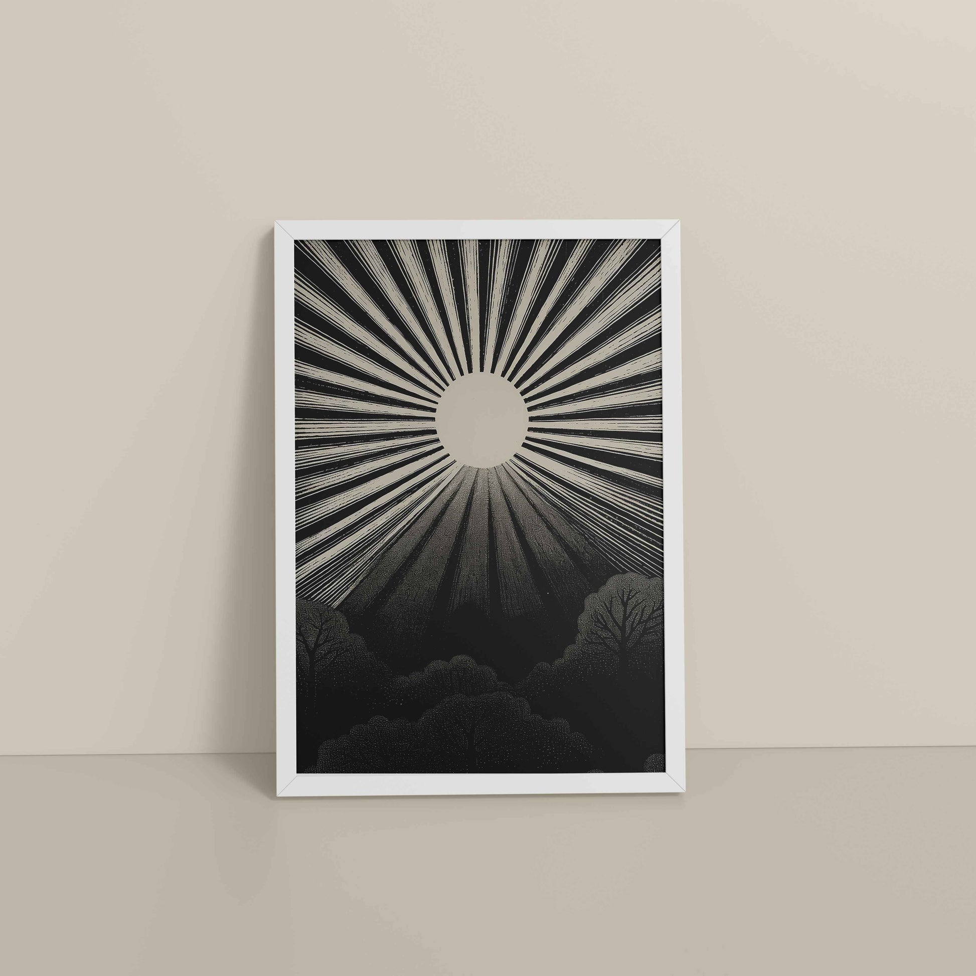 Floor View of Nature's Glow – Sunset & Trees Abstract Art Painting in White Color Frame
