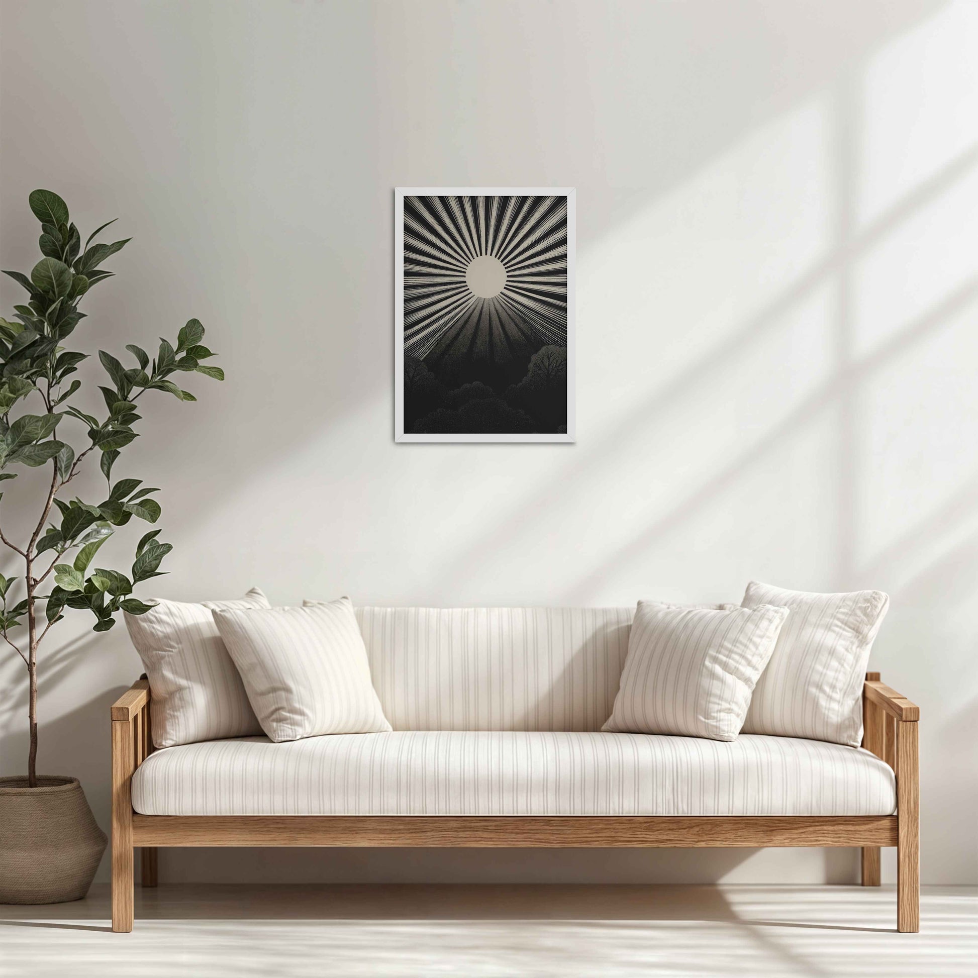 Living Room Cabinet Table Preview of Nature's Glow – Sunset & Trees Abstract Art Painting in White Color Frame