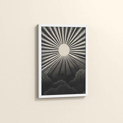 Side View of Nature's Glow – Sunset & Trees Abstract Art Painting in White Color Frame