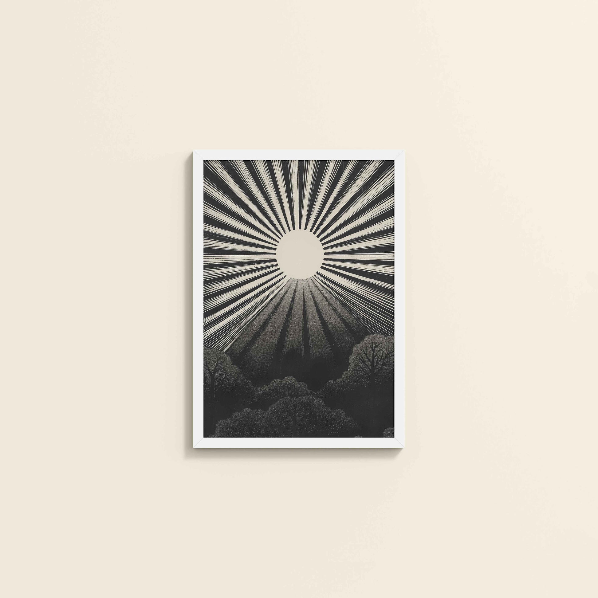 Wall View of Nature's Glow – Sunset & Trees Abstract Art Painting in White Color Frame