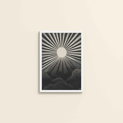 Wall View of Nature's Glow – Sunset & Trees Abstract Art Painting in White Color Frame