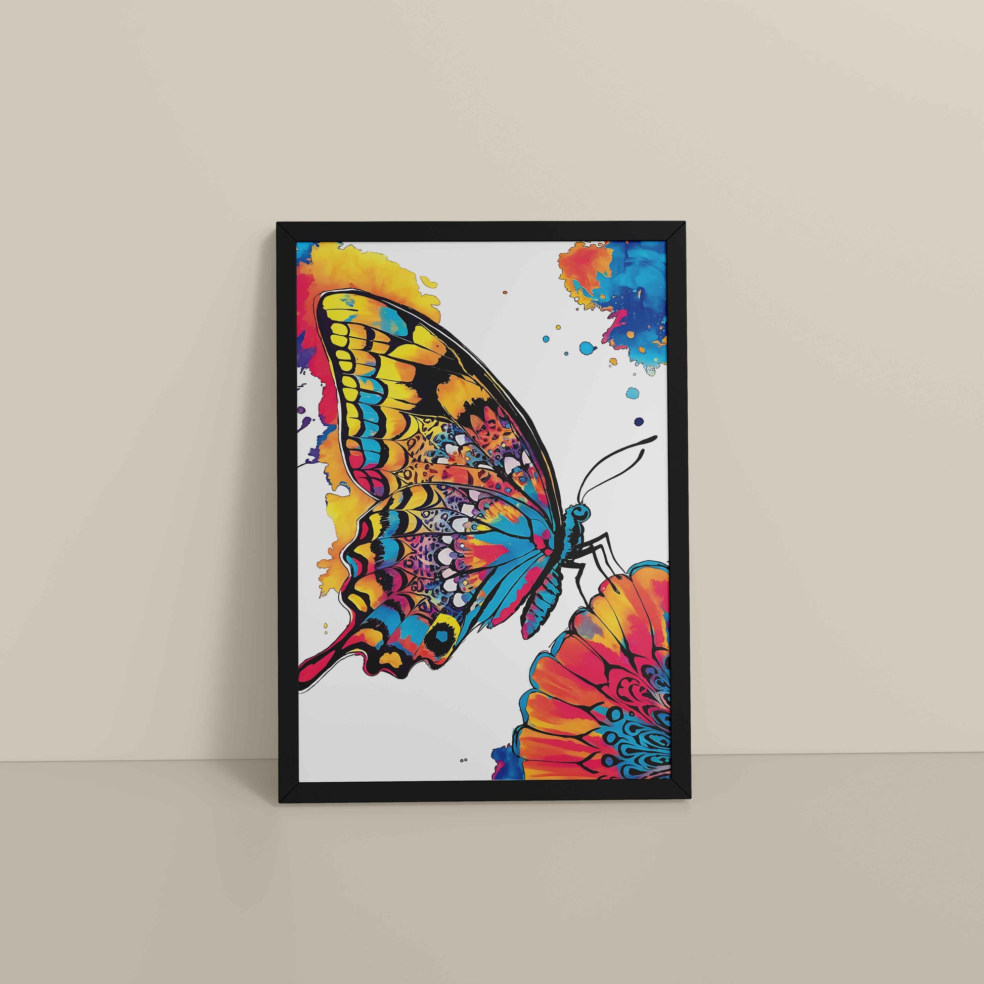 Floor View of Wings of Wonder – Colorful Butterfly Abstract Art in Black Color Frame