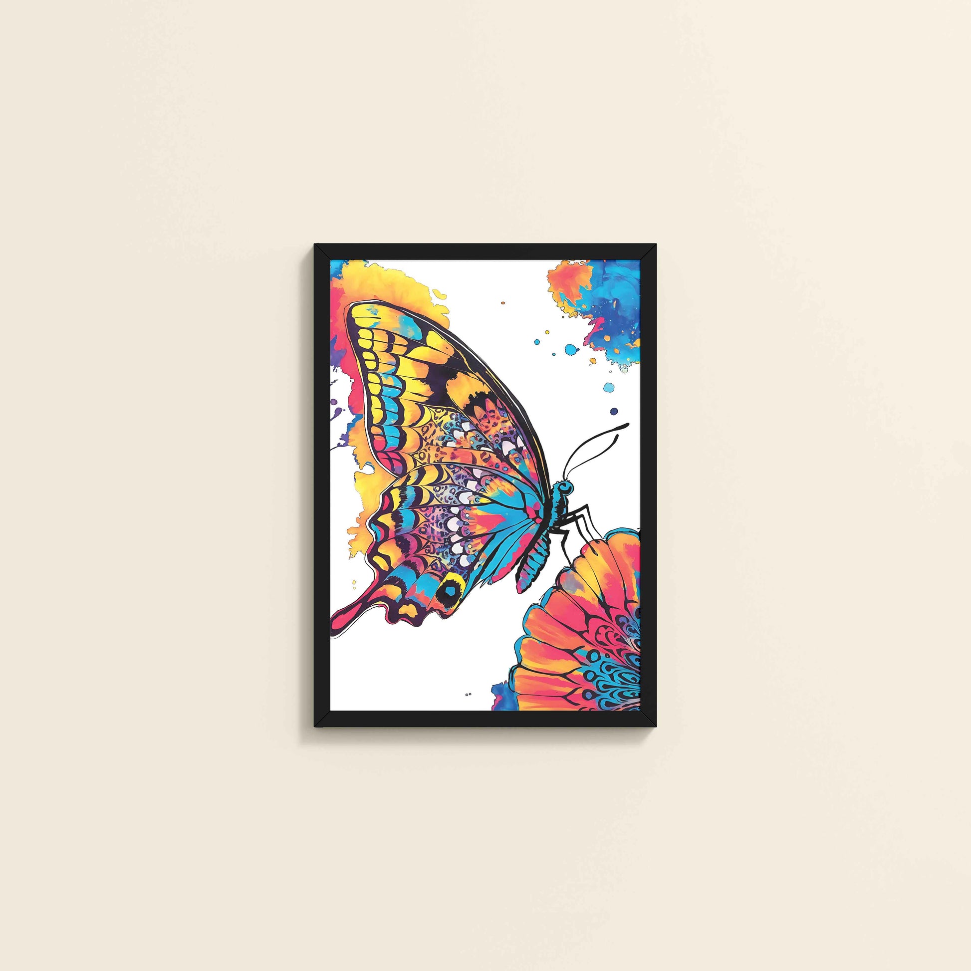 Wall View of Wings of Wonder – Colorful Butterfly Abstract Art in Black Color Frame