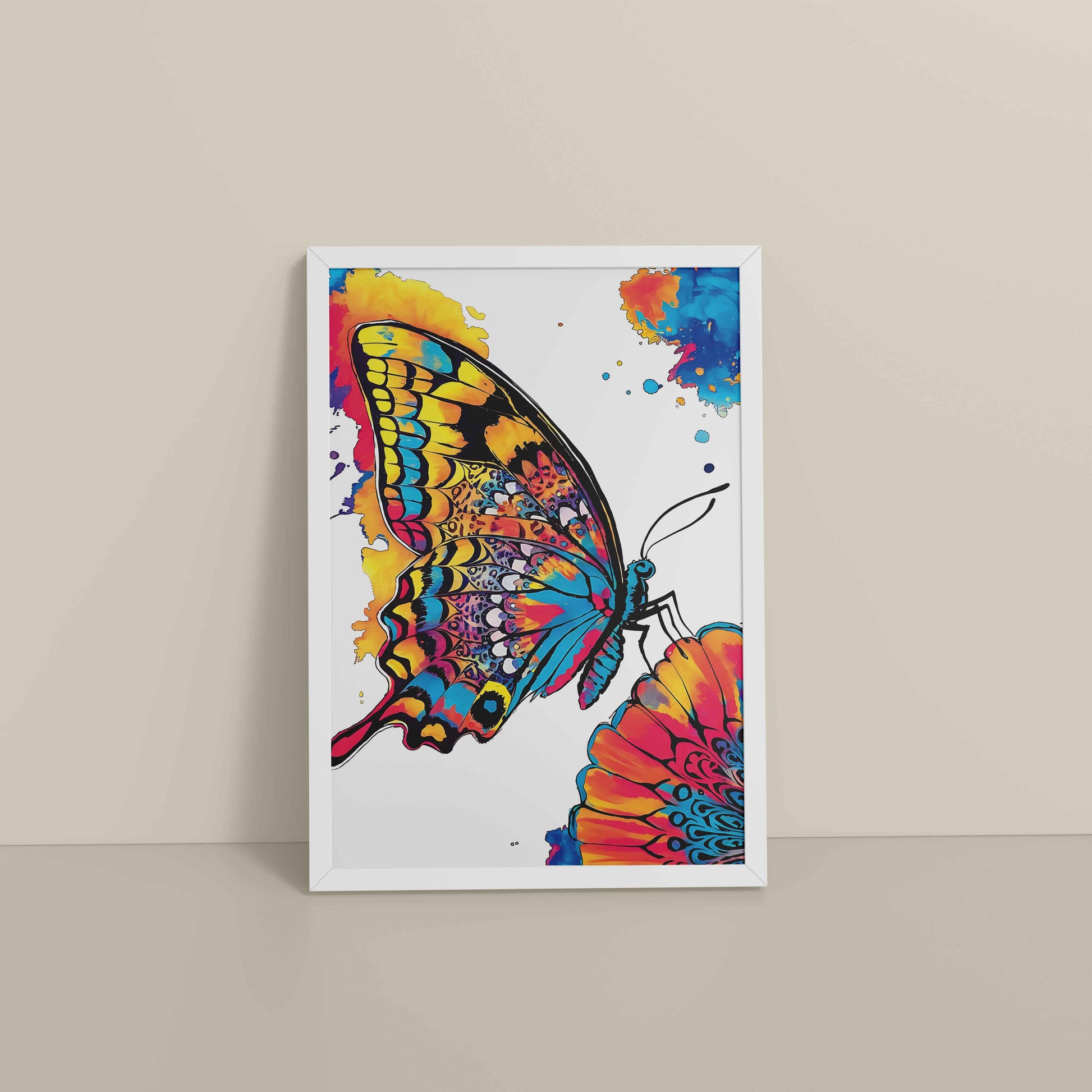 Floor View of Wings of Wonder – Colorful Butterfly Abstract Art in White Color Frame