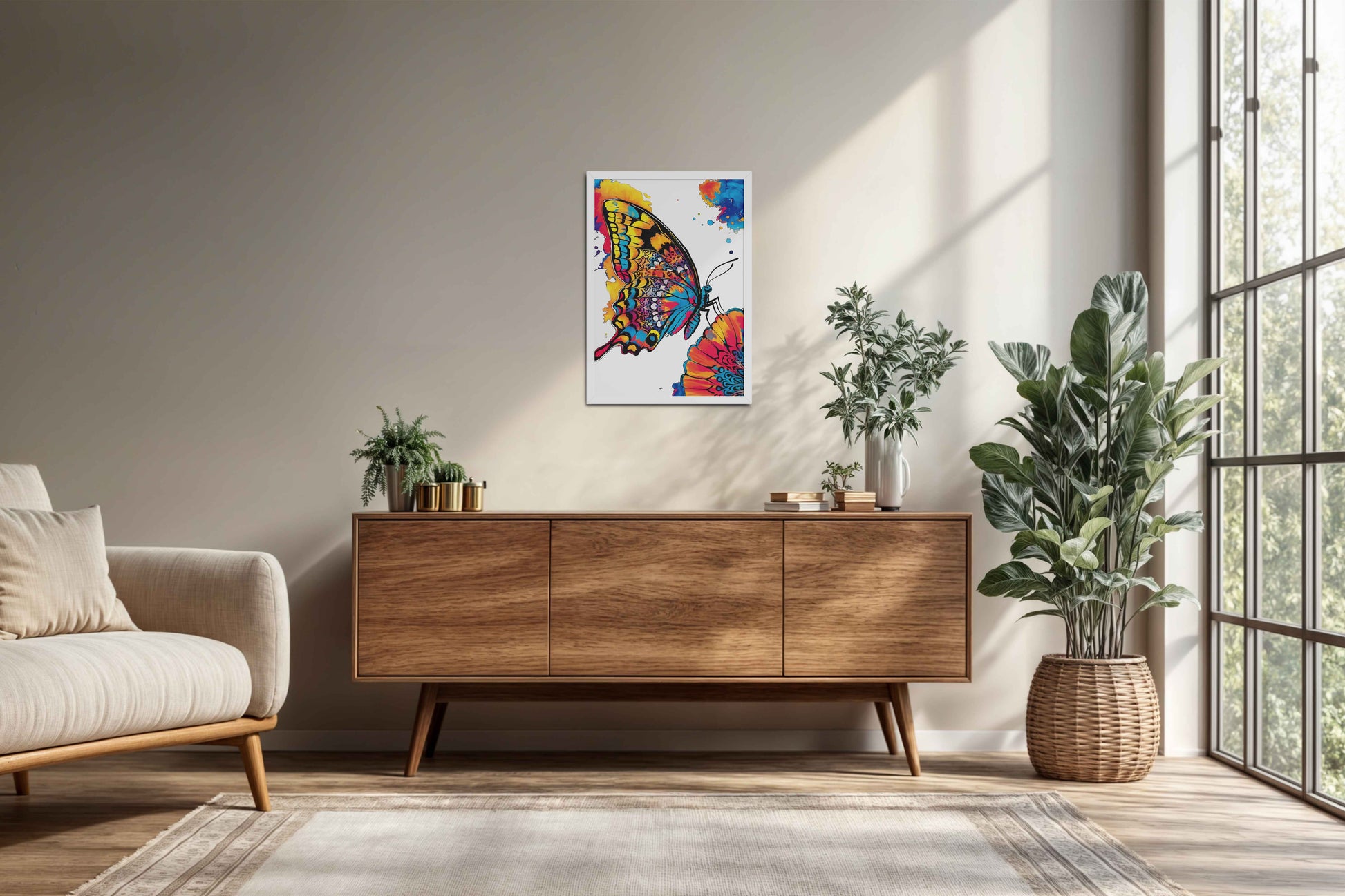 Living Room Cabinet Preview of Wings of Wonder – Colorful Butterfly Abstract Art in White Color Frame