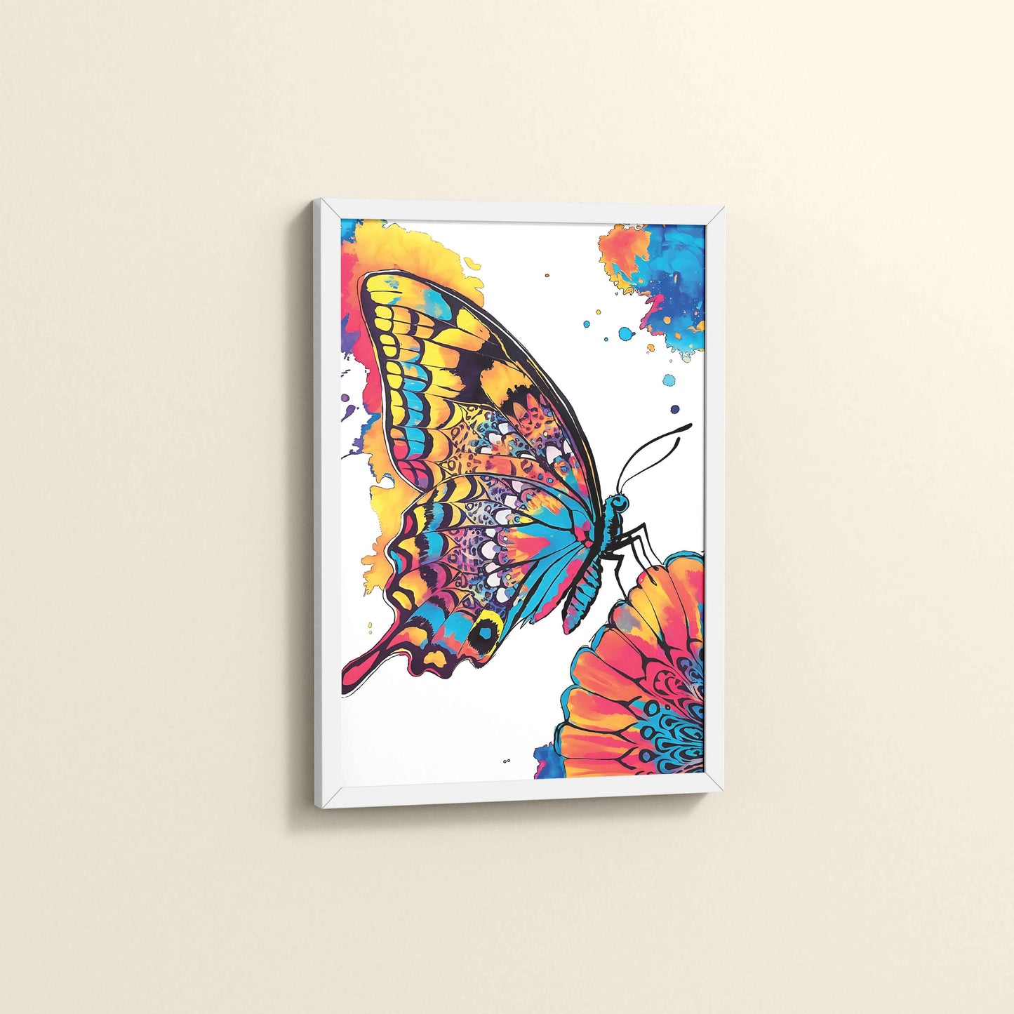 Side View of Wings of Wonder – Colorful Butterfly Abstract Art in White Color Frame