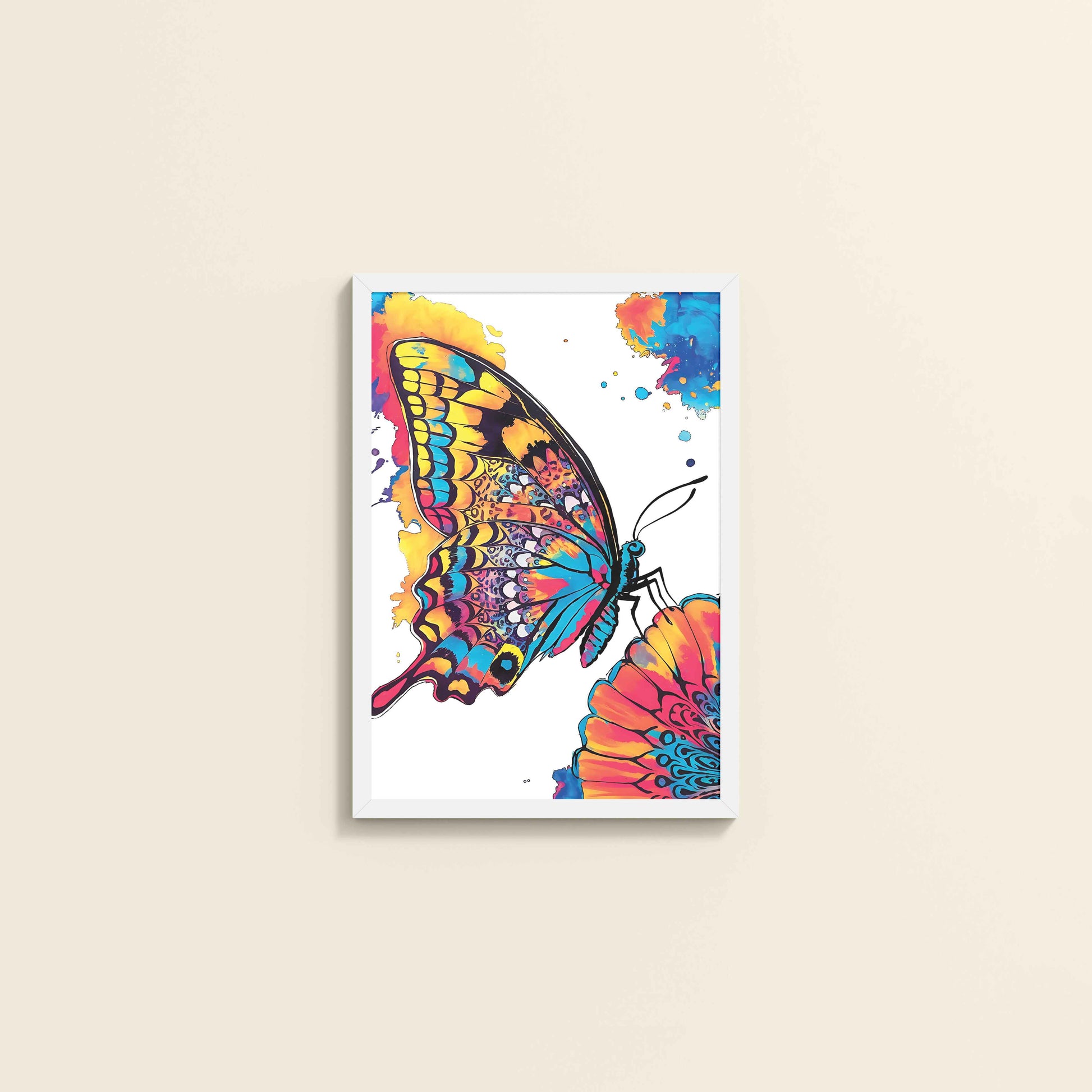 Wall View of Wings of Wonder – Colorful Butterfly Abstract Art in White Color Frame