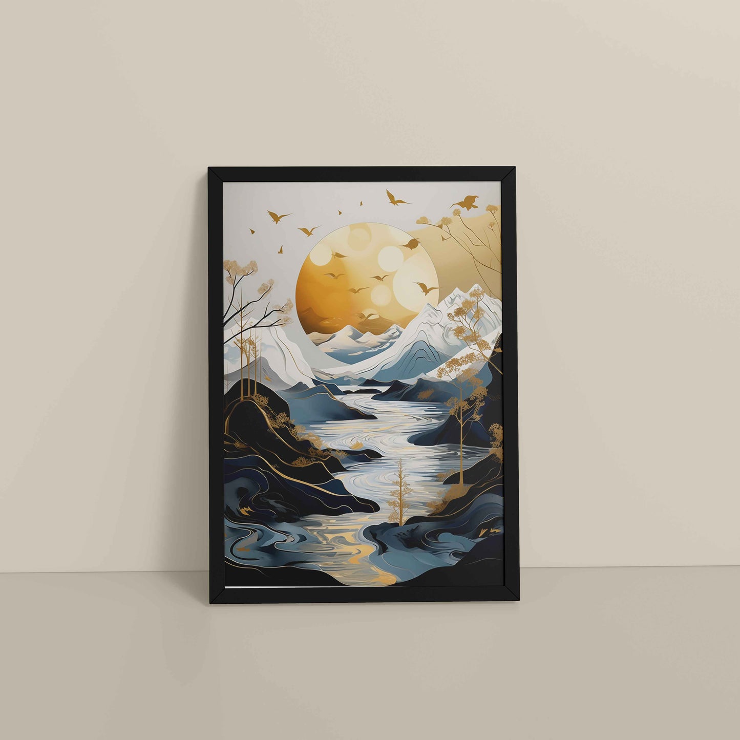 Floor View of Sun Between Peaks and Streams – Nature Abstract Art in Black Color Frame