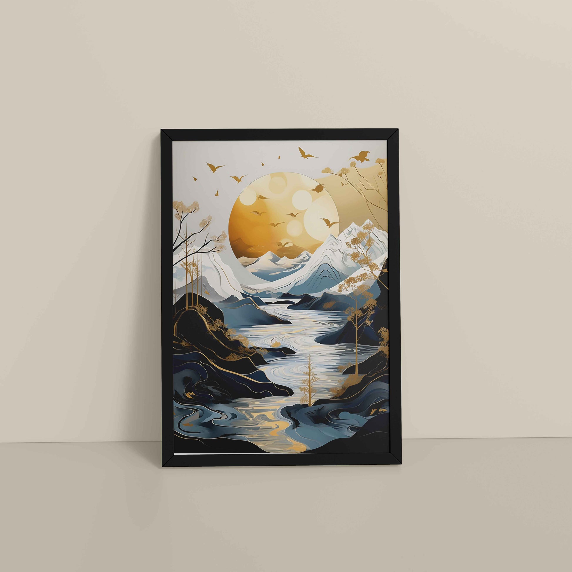 Floor View of Sun Between Peaks and Streams – Nature Abstract Art in Black Color Frame